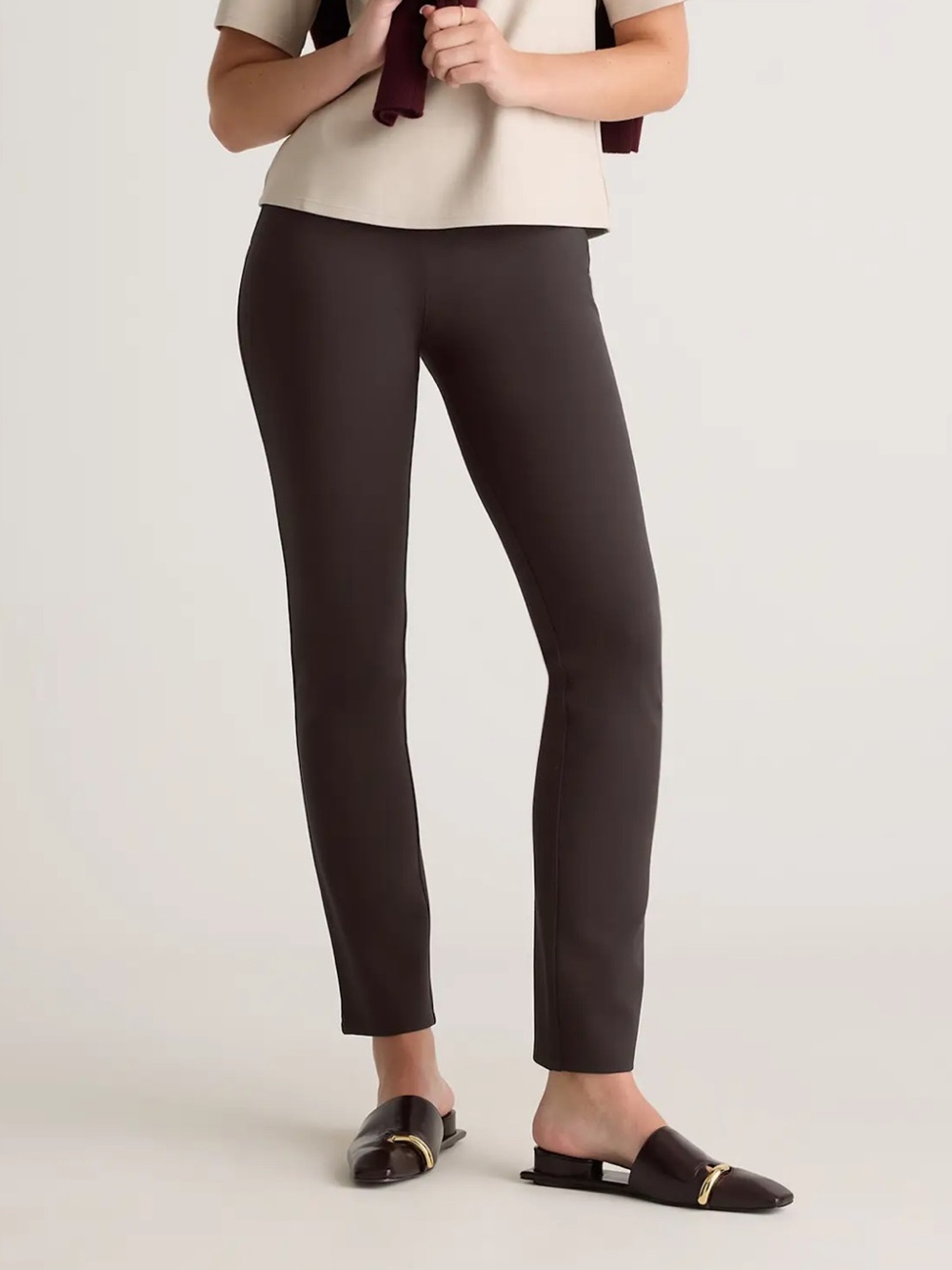 Quince Espresso Ultra-Stretch Ponte Straight Leg Pants Size Medium Petite